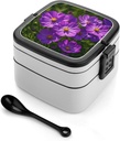 Purple Flowers Bento Box Double Layer Lunch Box for Adults with Spoon And Handle Stackable Lunchbox Leakproof Lunch Container for Work Picnic Travel