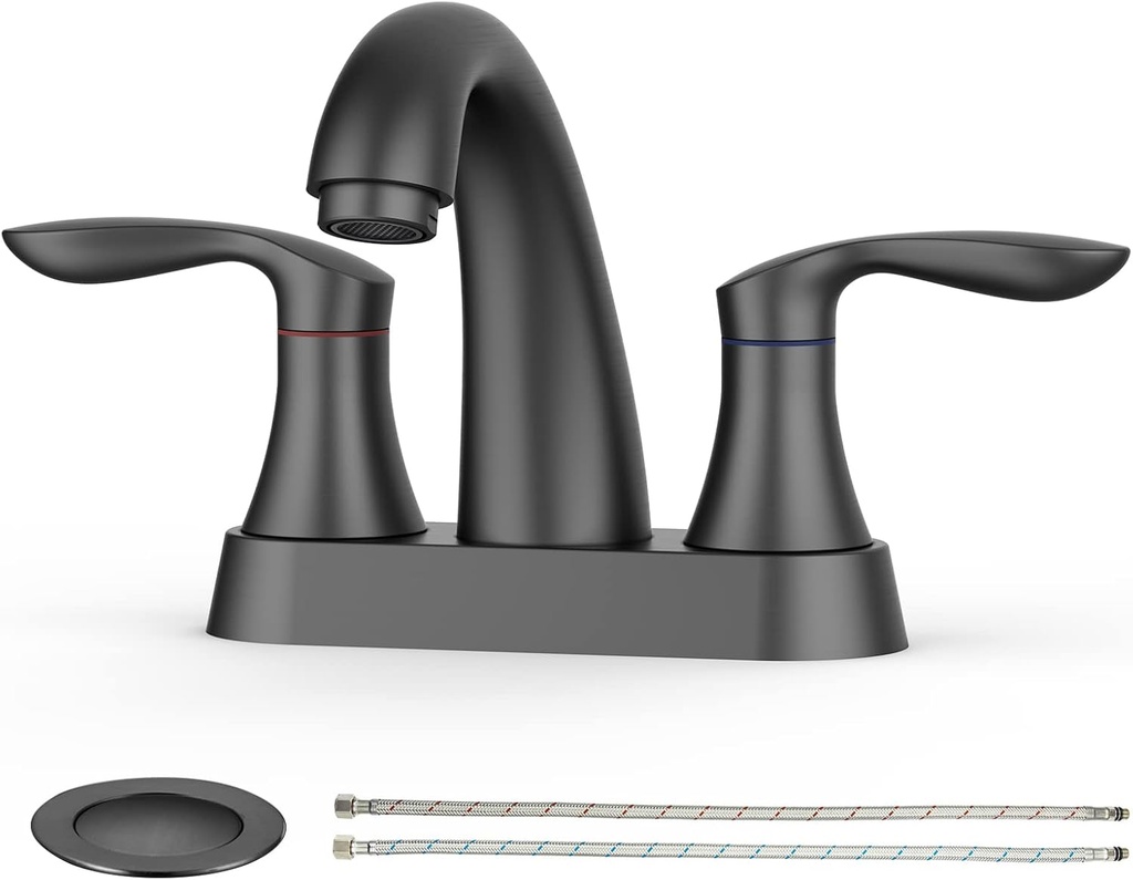 Bathroom Faucet, 4 Inch Bathroom Faucets for Sink 3 Hole, Centerset Bathroom Sink Faucet with Pop Up Drain and cUPC Lead-Free Hose(Matte Black)