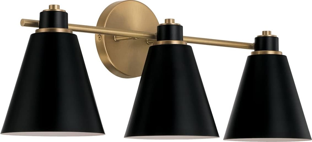 Capital Lighting 150131AB Bradley Modern Metal Cone Vanity Lights for Bathroom, 3-Light 300 Total Watts, 9" H x 24" W, Aged Brass and Black