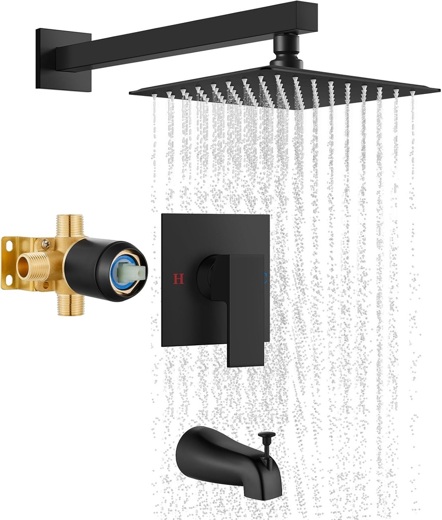 Airuida Bathtub Shower Faucet Set with Tub Spout Faucet Kit and 8 Inch Square Rainfall Showerhead Modern Complete Tub Shower Trim Kit with Solid Brass Rough-in Valve Matte Black