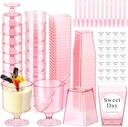 210 Pcs Mini Dessert Cups with Spoons Pink Clear Pastic Dessert Cups 5 oz, Dessert Square Shot Glasses & Round Goblet Shooters & Plastic Spoons & Stickers Ice Cream Fruit Cake Cup Party Supplies