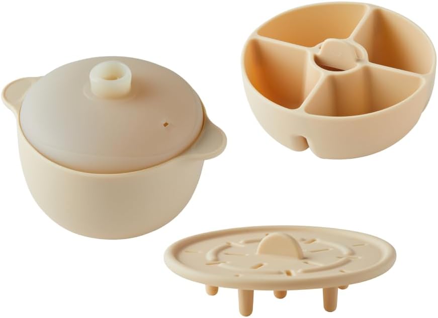 [Malang Honey] JAMMUK Baby Food Silicone Multi Steamer with Lid (Tray Set/Topping Divider Set) Used for microwave oven/steamer/rice cooker (Beige)