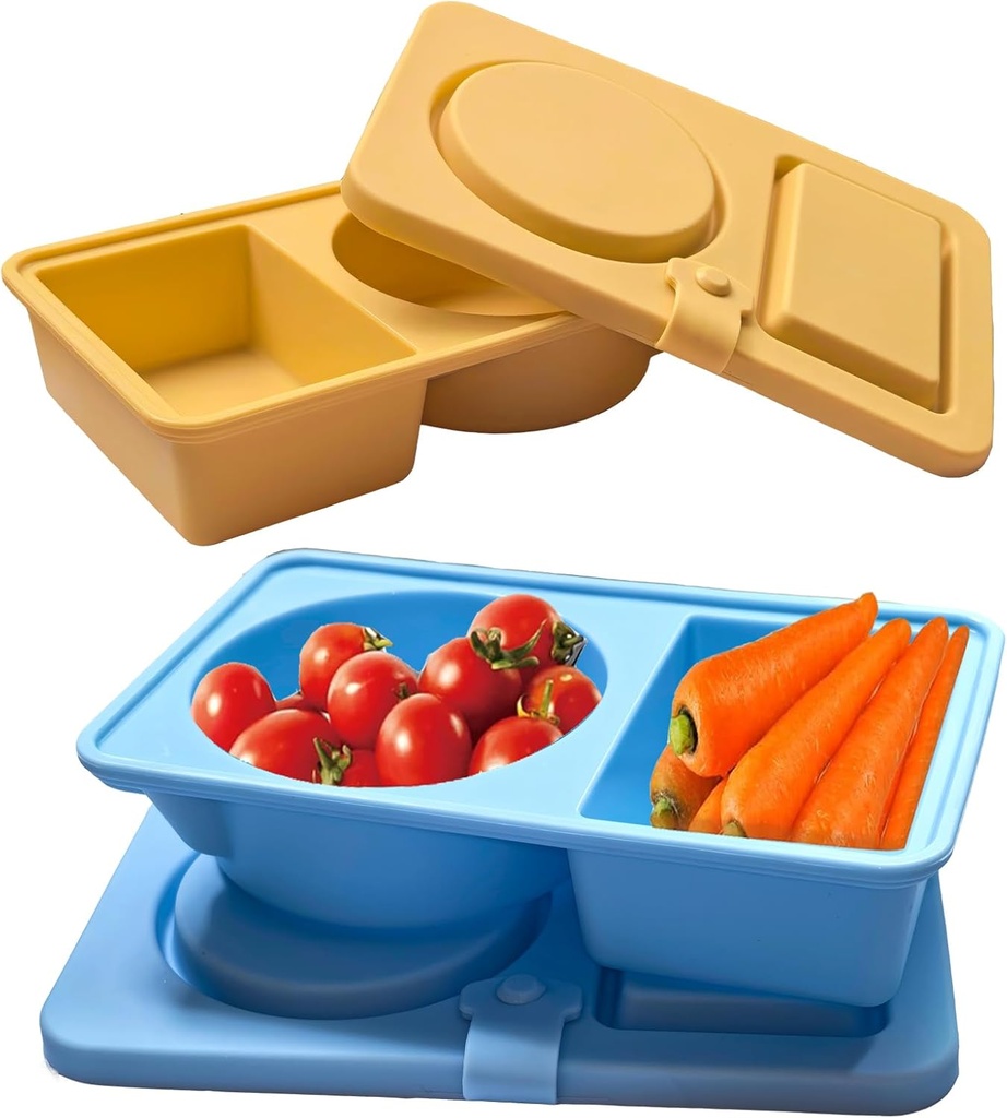 2Pcs Silicone Small Snack Containers - Reusable Double Compartment Condiment Box with Lids for Adults Kids, Grab and Go Divided Snack Food Storage Containers Sauce Cups for School, Travel and Camping