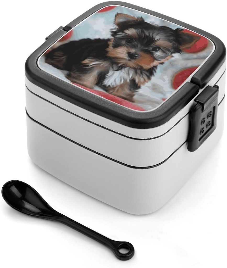 Yorkie Puppy Bento Box Adult Lunch Box All-in-One Lunch Containers with Removable Compartments Double Layer Bento Lunch Box with Spoon And Handle Stackable Lunchbox