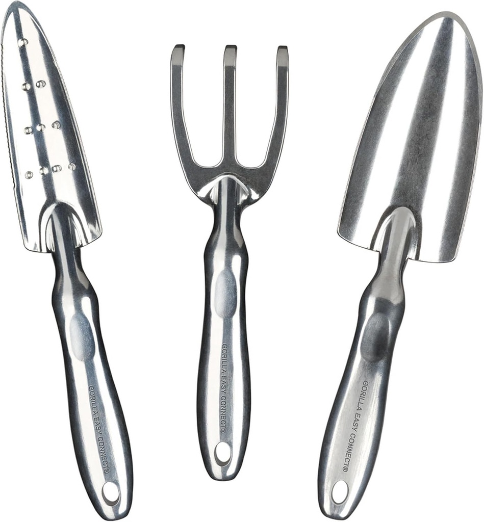 Gorilla Easy Connect Heavy Duty Garden Tools with Digging Trowel, Transplant Trowel and Cultivator Hand Rake Solid One Piece Cast Aluminum Construction