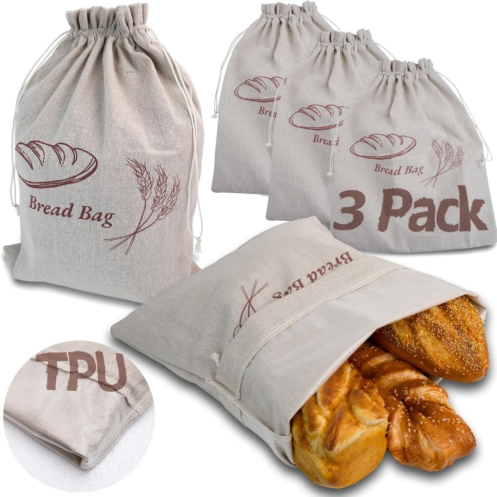 3-Pack Bread Bags for Homemade Bread Sourdough with Inner Lining, Linen Breads Bags Keeps Breads Fresh, Reusable Bread's Storage Bag, Flax Sourdough Bread's Bag's for Sourdough's Bag(17x13 In Lager)