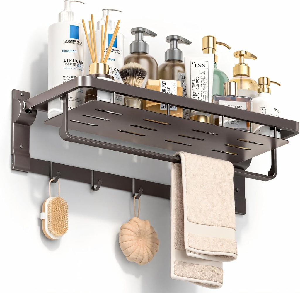 Rust-Proof Floating Shelves Organizer with Foldable Towel Bar 5 Towel Hooks Wall Mounted Organizer 23-Inch Towel Racks for Bathroom Lavatory Kitchen Rv Home Decor, grey