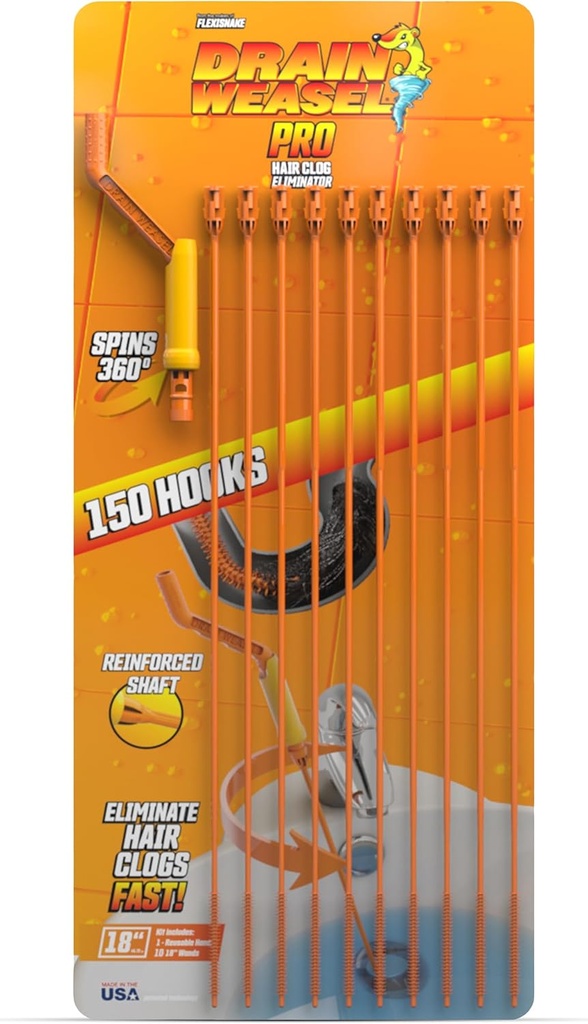 FlexiSnake Pro Drain Weasel Sink Snake Hair Clog Remover Tool, Sink, Pipe, Bathroom, Bathtub Drain Cleaner, 18-inch Long, Flexible, Made in The USA, 10 Pack Reusable Wands and Removable Handle