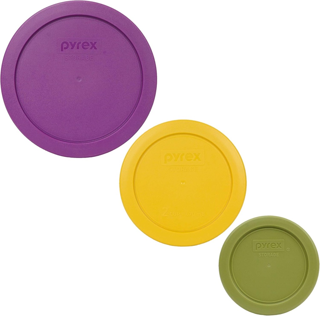 Pyrex 7202-PC 1-Cup Olive Green, 7200-PC 2-Cup Butter Yellow, & 7201-PC 4-Cup Thistle Purple Food Storage Replacement Lids - Made in USA