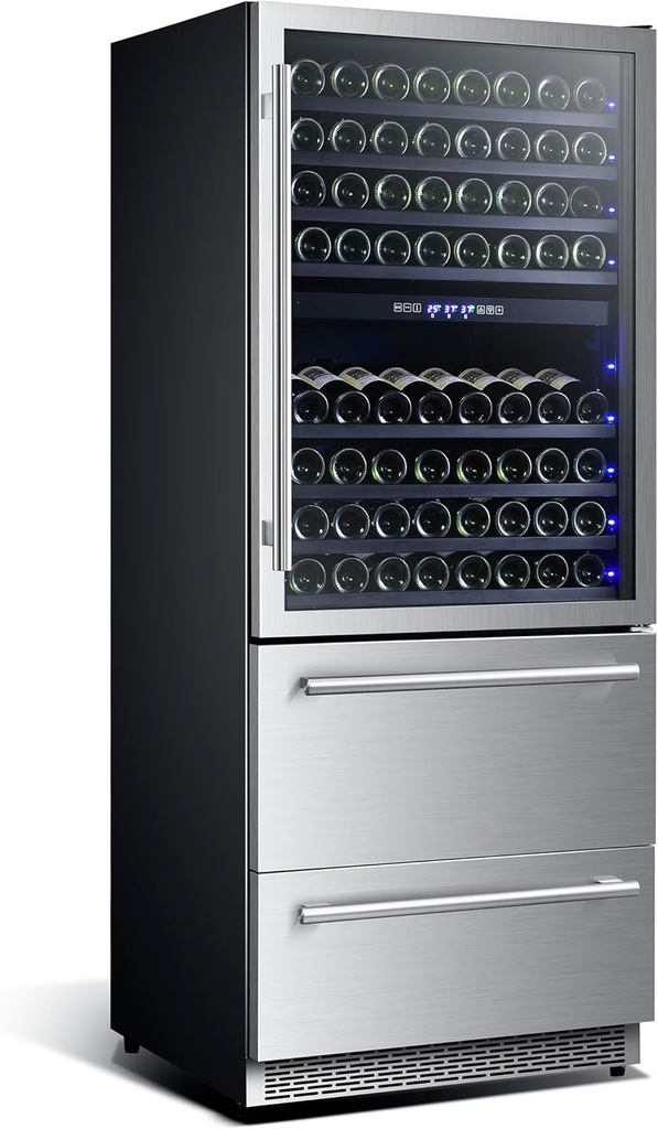 Forno Capraia 30" 144 Wine Bottles Slim Dual Zone Wine Cooler - 21.2 cu. ft. Wine Cooler with 2 Refrigerator Drawer - Touch control Wine Fridge with LED Light and 7 Black Metal Wine Racks