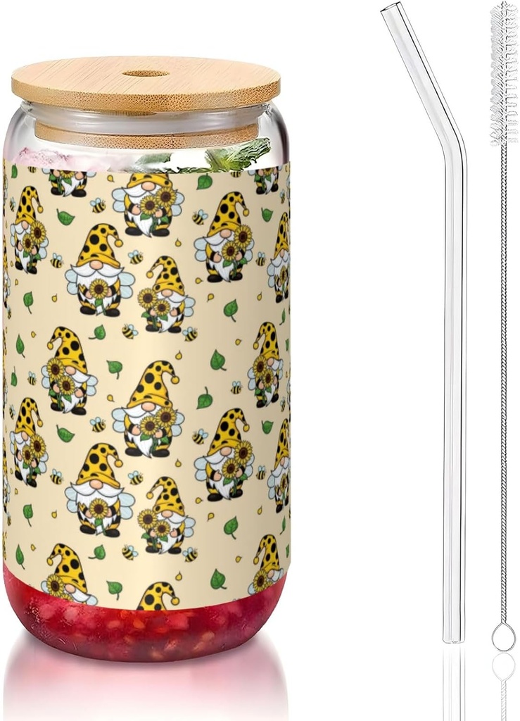 16oz Glass Tumbler with Bamboo Lids Straws, Gnomes Bees And Sunflowers, Iced Coffee Cup for Women, Reusable Smoothie Tea Glass, Birthday