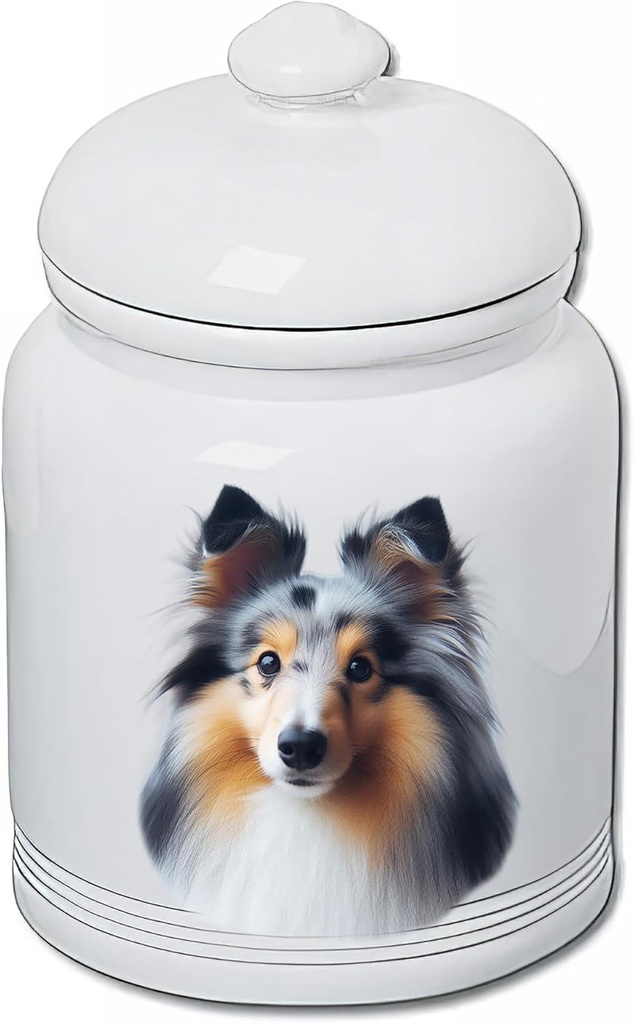 Best of Breed Sheltie Blue Merle Dog and Cat Ceramic Treat Jar 9" Tall Air Tight Seal All White