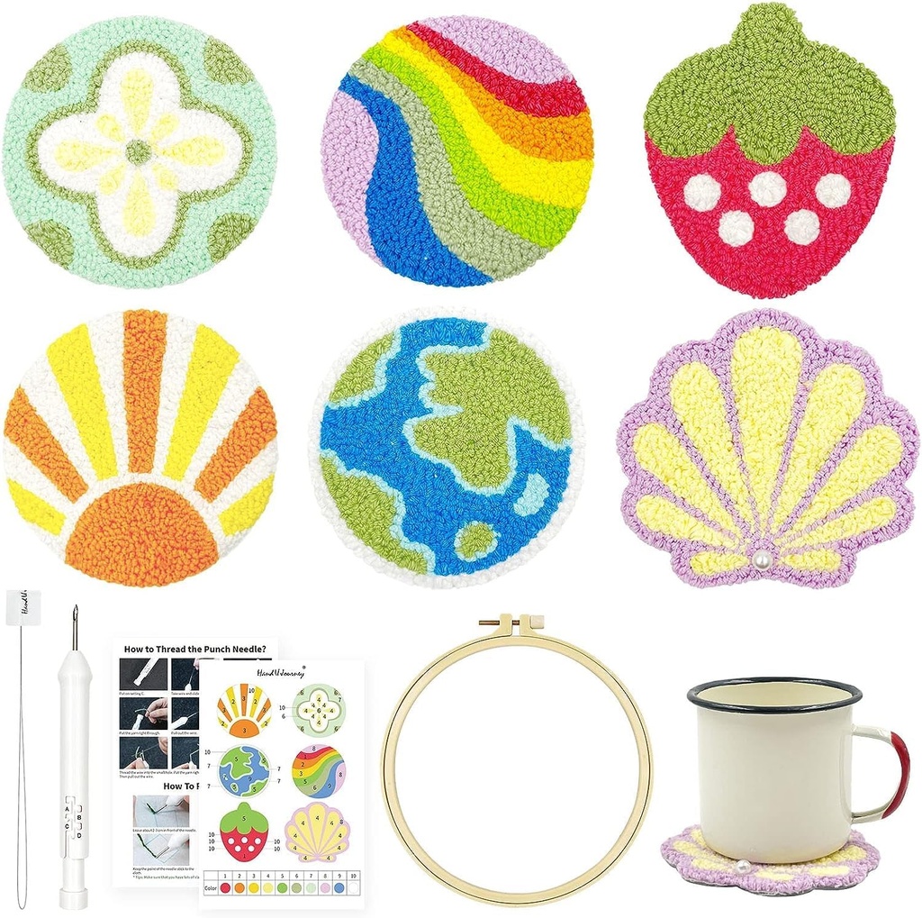 HAND U JOURNEY Craft Punch Needle Coasters Kit - 6 Patterns with Adhesive Felt, Yarns, Embroidery Hoop - Perfect for Adults, Beginners, and Starter with Instructions