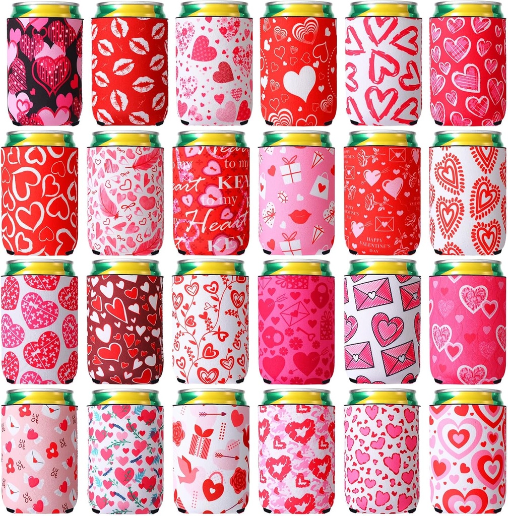 Zhehao 24 Pieces Valentine‘s Day Can Cooler Sleeves 12 oz Neoprene Can Sleeves Valentines Heart Lip Insulated Colorful Funny Beer Cooler for Bottle Drink Party Beverage Decoration (Heart)