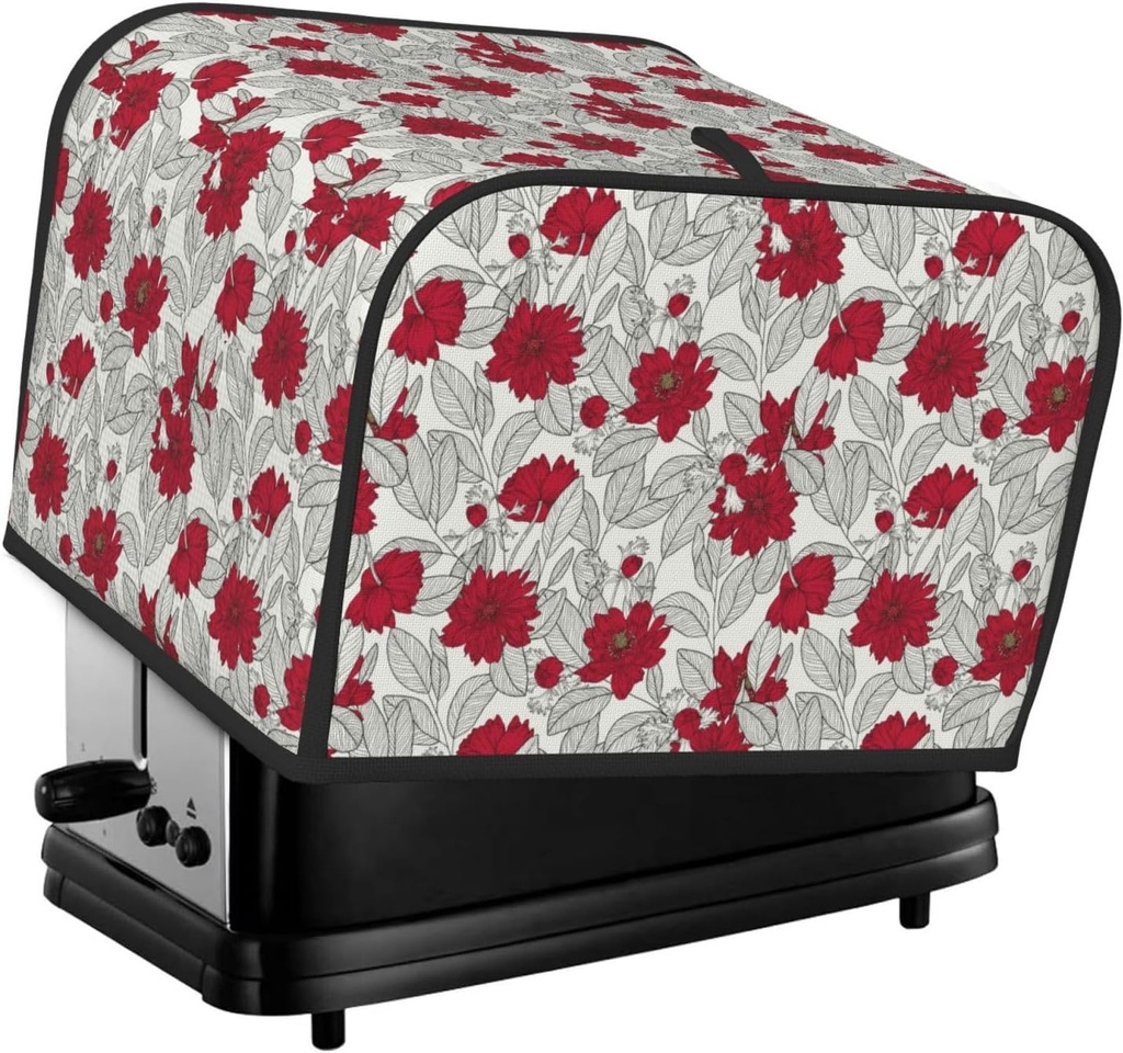 Oven Cover Kitchen Bread Machine Protector,4 Slice Toaster Cover For Home,Fingerprint Coaster Cover,Kitchen Small Appliance,Leaves And Anemone Flowers In Red Grey