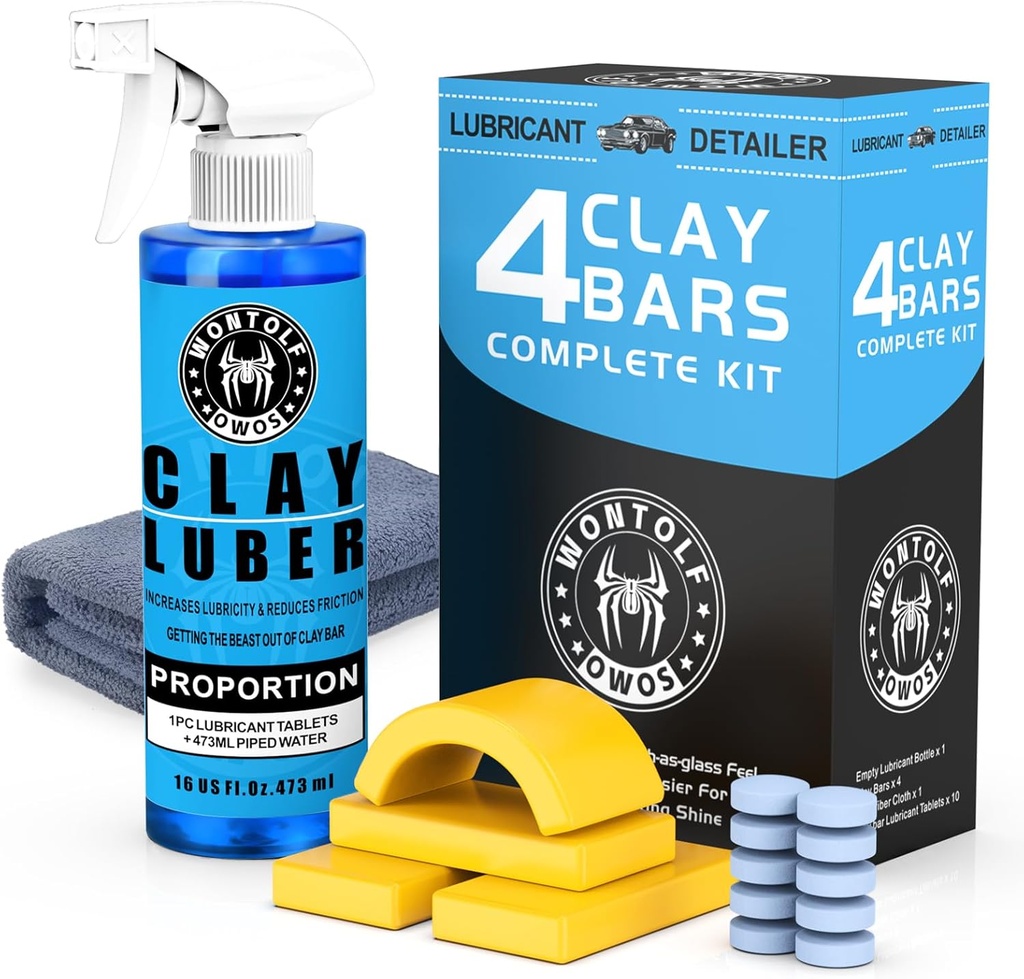 Wontolf Car Clay Bars Auto Detailing and Clay Luber Synthetic Lubricant Kit, Premium Grade 4 Clay Bars, Clay bar Lubricant Tablets 10 Pack(1pc=16 fl oz), Car Wash Kit for Detailing Cleaning