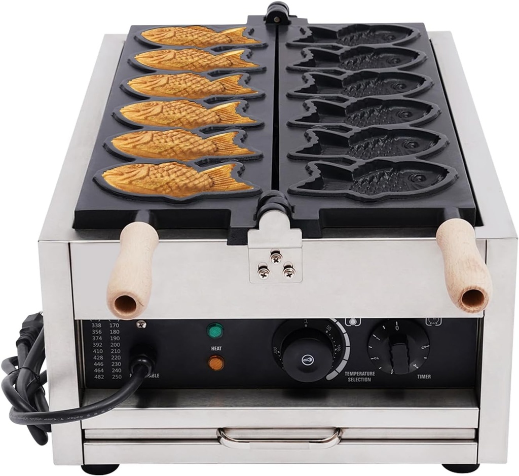 2400W Fish Waffle Maker, Commercial Baker with 6 Fish-Shaped Molds, Double-sided Heating Stainless Steel Nonstick Waffle Maker Machine for Home & Restaurant
