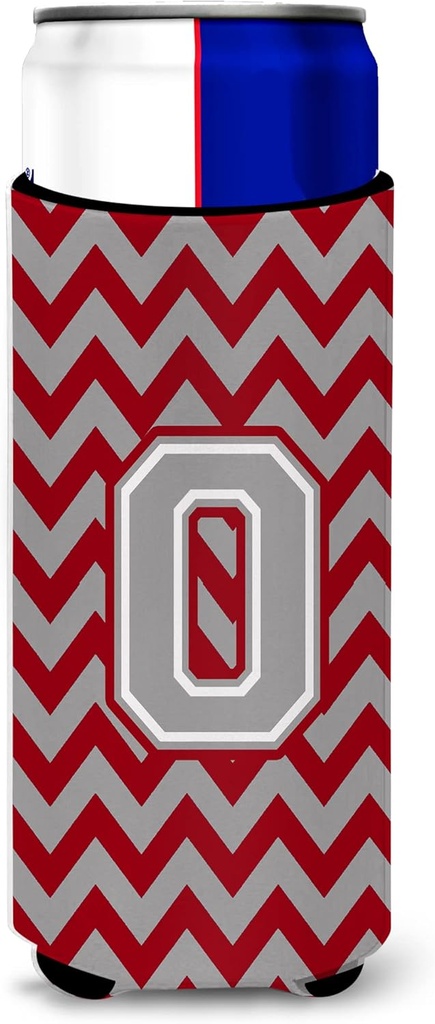 Letter O Chevron Crimson and Grey Ultra Beverage Insulators for slim cans