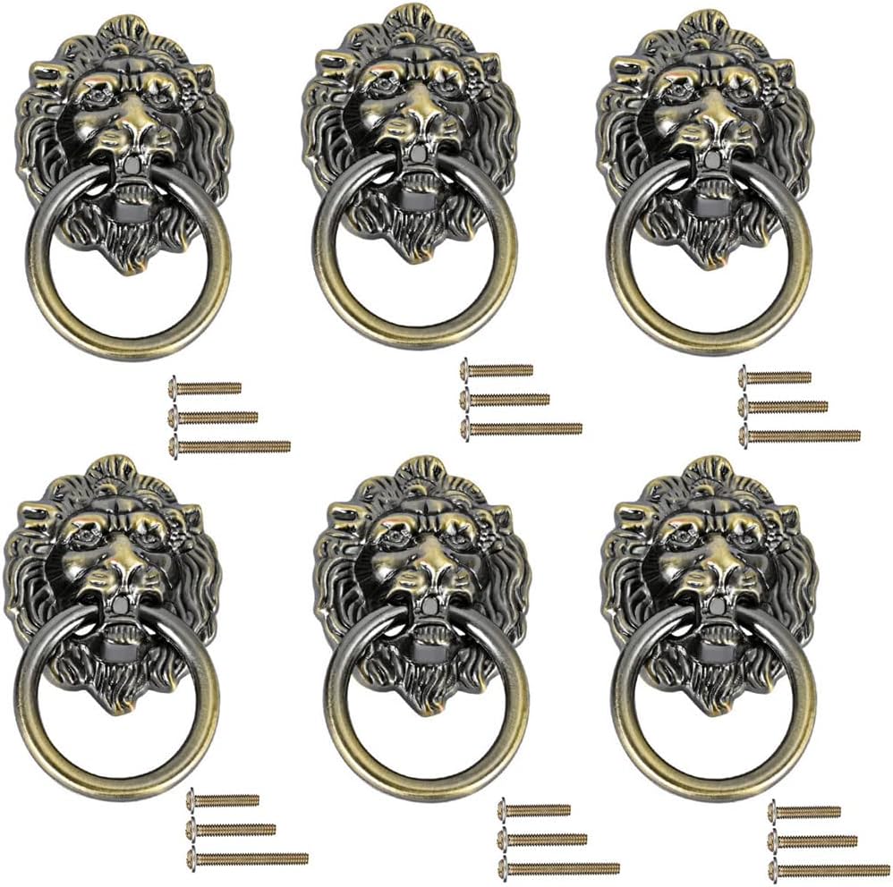6Pcs Lion Head Knob Pull Handle for Drawer Dresser Knobs Pull Handles with Drawer Ring 1.57 x 2.64 Inch Pulls Handle Knobs