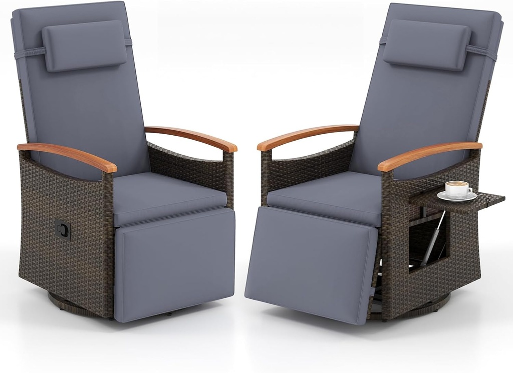 Tangkula Patio Rattan 360 Degree Swivel Recliner Chair, Wicker Lounge Chair w/Adjustable Backrest & Footrest, Cushioned Push Back Reclining Seat w/Flip Side Table for Porch, Yard, Lawn (2, Grey)