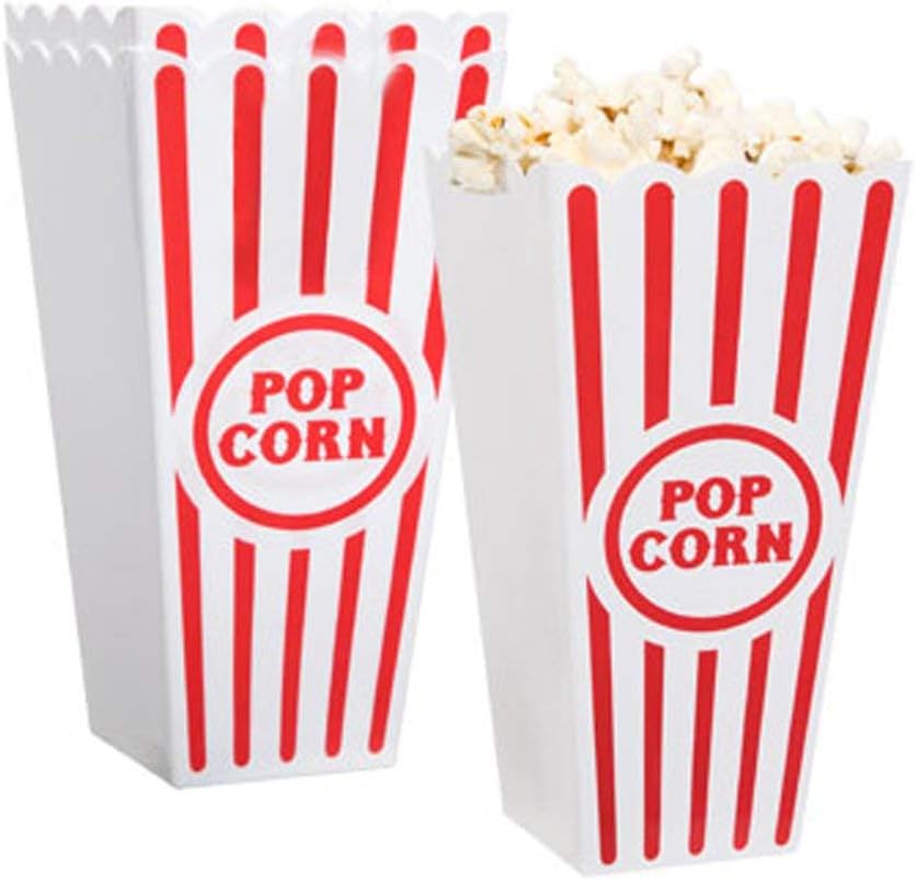 Novelty Place Plastic Red White Striped Classic Popcorn Containers for Movie Night - 7.8 inch Tall x 3.8 inch Square (4 Pack)