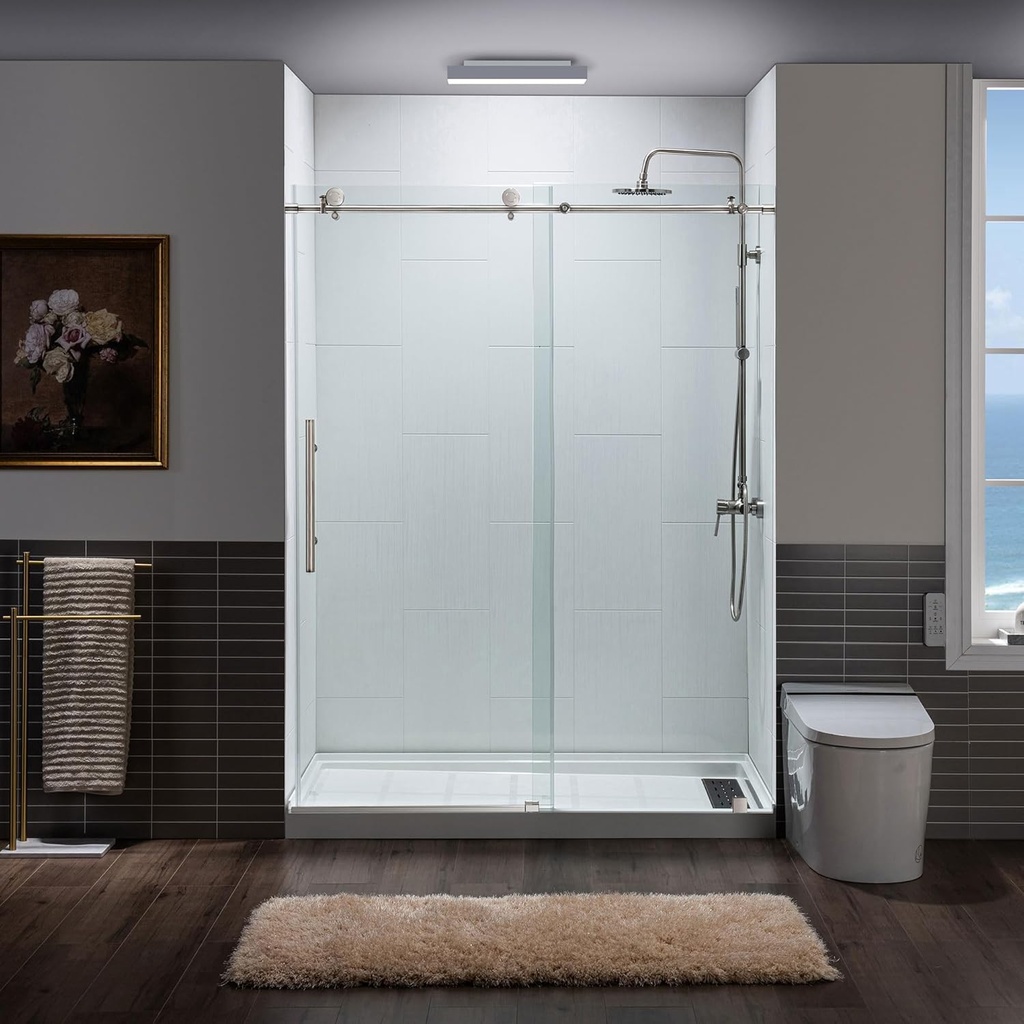 WOODBRIDGE Frameless Sliding Shower, 56"-60" Width, 76" Height, 3/8" (10 mm) Clear Tempered Glass, Brushed Nickel Finish, Designed for Smooth Door Closing