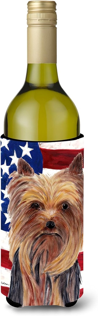 Caroline's Treasures SC9013LITERK USA American Flag with Yorkie Wine Bottle Hugger Bottle Cooler Sleeve Hugger Machine Washable Collapsible Insulator Beverage Insulated Holder