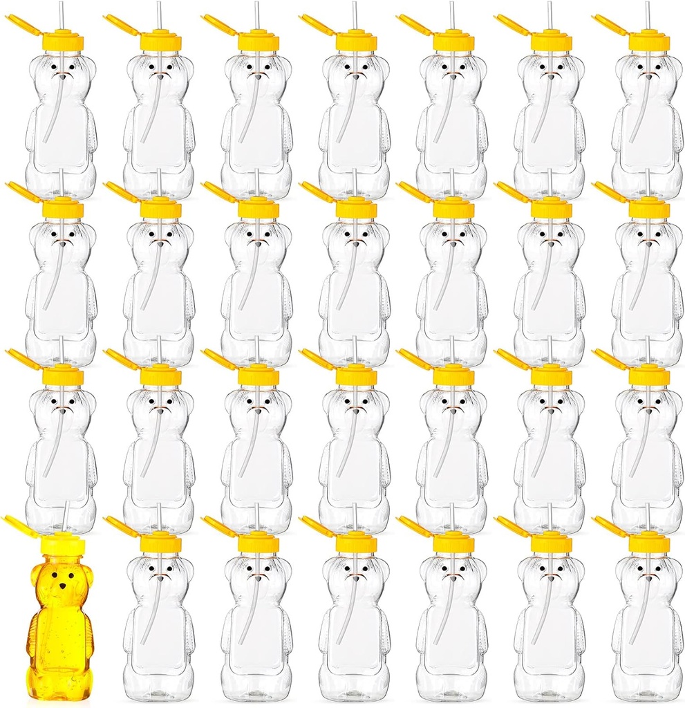 Thenshop 32 Pack Honey Bear Bottle with Straws Empty Plastic Cup Honey Jar Containers Bear Shaped Squeeze Bottle Storing and Dispensing Yellow Flip Top Lid Assistive Cups(8oz)