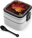 Fall Autumn Leaves Bento Box Double-Layer Bento Lunch Container with Spoon And Invisible Handle Adult Leak-Proof Lunchbox for Dining Out Work Picnics Travel