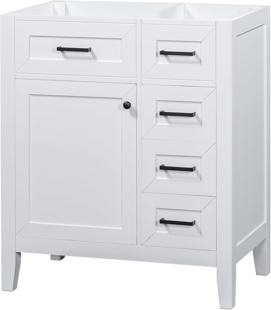 30 Inch Bathroom Vanity Without Sink Freestanding Cabinet Washstation 1 Soft Close Doors 3 Drawer No Basin Symmetric Storage Layout 18" Deep MDF Frame White