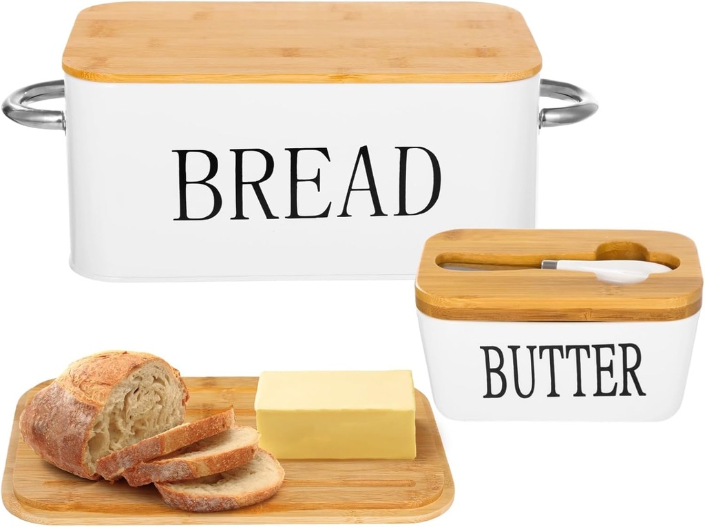 Bread Box and Butter Dish, Metal Bread Storage Container with Cutting Board Wood Lid, Ceramic Butter Dish with Sealing Wood Lid & Cutter