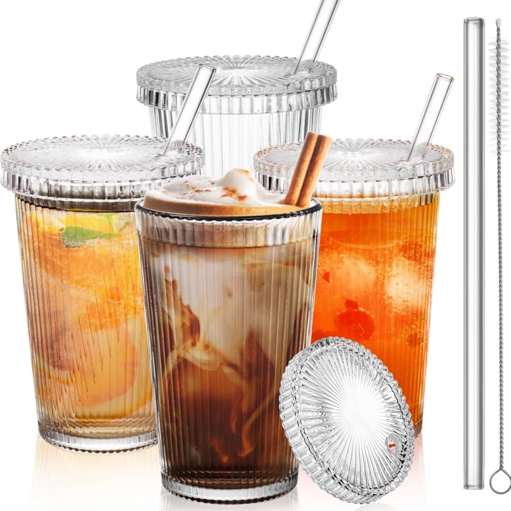 4 Pack Glass Cups with Lids and Straws, 12 oz Ribbed Iced Coffee Tumbler, Clear Stripe Drinking Glassware with Cleaning Brush for Water Cocktails Tea Soda Juice Smoothie Whiskey Beer