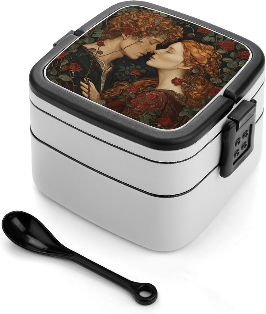 Woman And Man Kissing Bento Box with Compartments Double Layer Bento Lunch Box with Spoon And Handle All-in-One Adult Lunchbox Leakproof Lunch Container for Work Picnic Travel