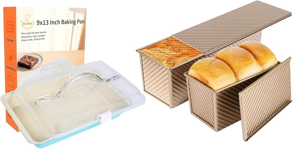 Pullman Loaf Pan Covered, 9x13 Baking Pan with Lid and Handle, Gold Pullman Bread Pan Nonstick, Blue Rectangular Cake Carrier for Travel, Picnic
