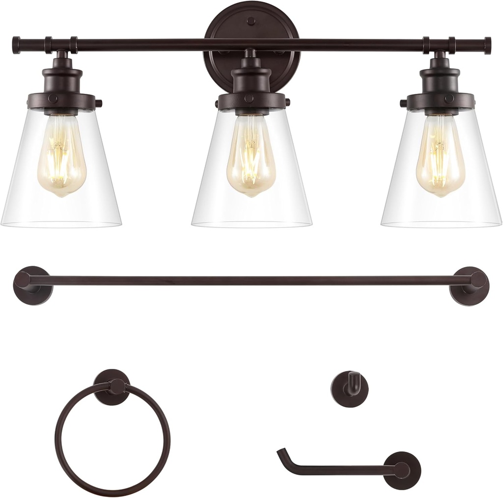 JONATHAN Y JYL1507A Hollis 23.75" 3-Light Traditional Farmhouse Vanity Light with Bathroom Hardware Accessory Set, Oil Rubbed Bronze (5-Piece) - Towel Bar & Ring, Toilet Paper Holder, Robe Hook