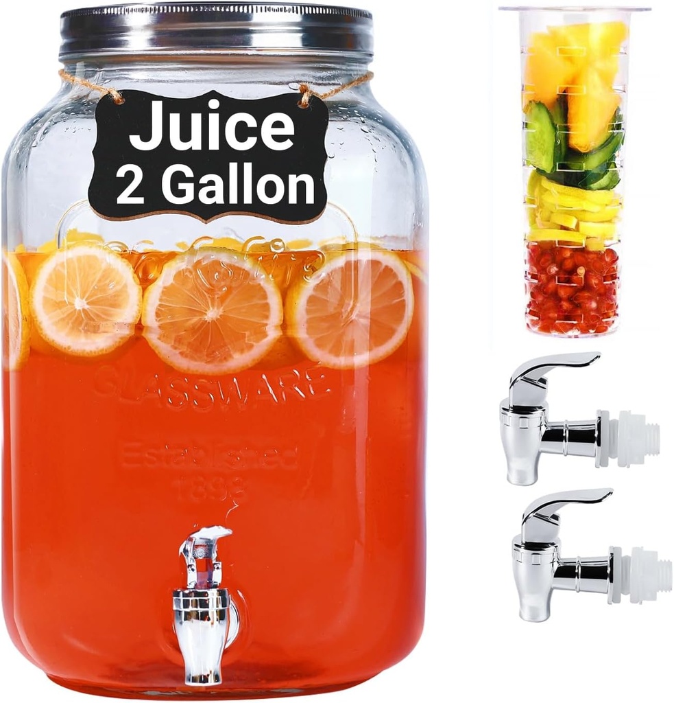 2 Gallon Drink Dispensers for Parties - Sun Tea Glass Jar for Outside 100% Leakproof Beverage Dispenser, 2 Press-Spigots(Easy for kids) Fruit Infuser, Chalkboard Mason Jar Drink Dispensers with Lids