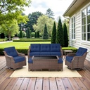 Belord 7 Piece Patio Furniture Set - High Back Swivel Rocker Glider Outdoor Chairs with 3-Seat Sofa and Ottoman, All-Weather Removable 6" Blue Cushion for Patio Conversation and Family Reunion