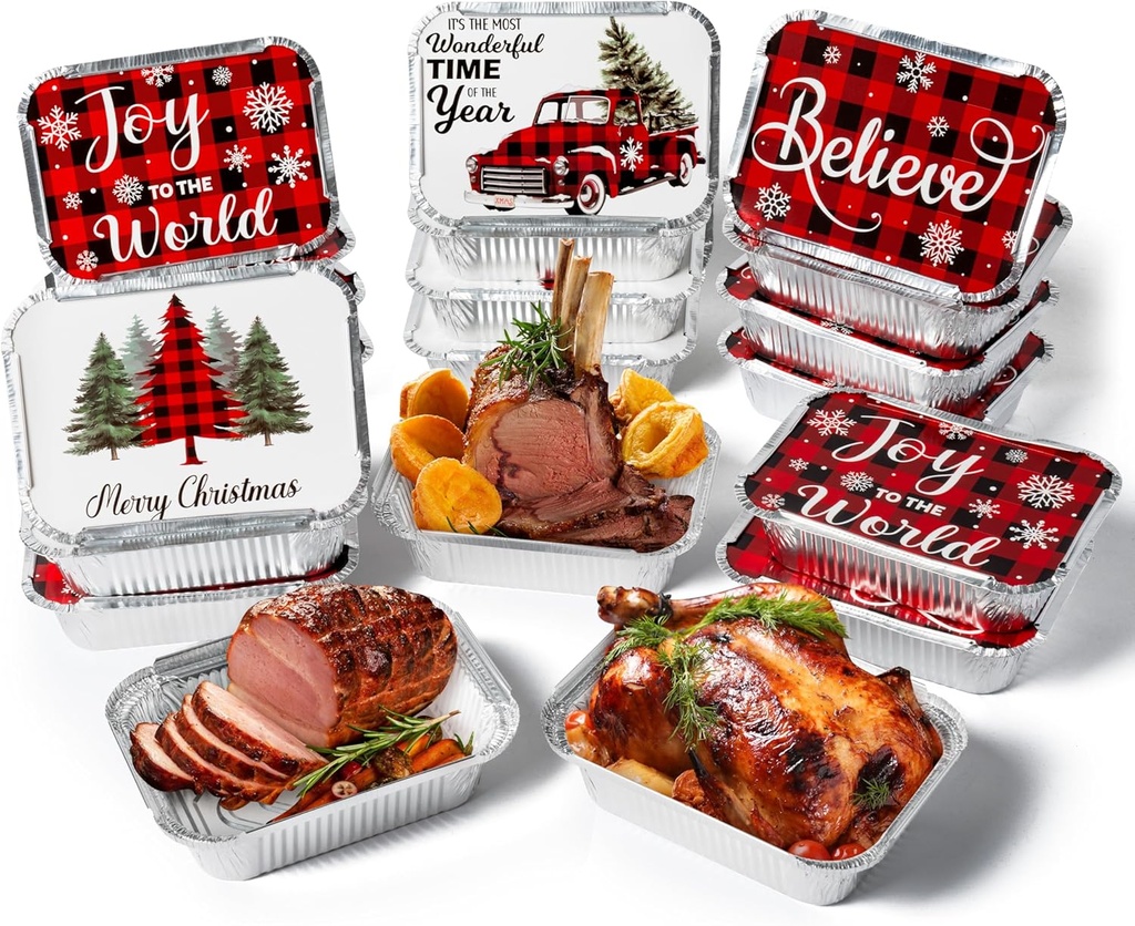 MALLMALL6 40Pcs Christmas Believe Tin Foil Containers with Lids Covers for Cookie Exchange & Goody Party Leftovers in 4 Xmas Holiday Designs Santa Gift Aluminum Food Storage Pans 5.9" W X 3.9" L X 2"