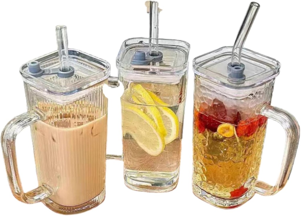 3 cups with LIDS and straws (smooth, vertical, hammer), 8.5OZ coffee cup set, for cafe accessories, iced coffee cups with LIDS, juice cup with straws, reusable glass cups, for gifts