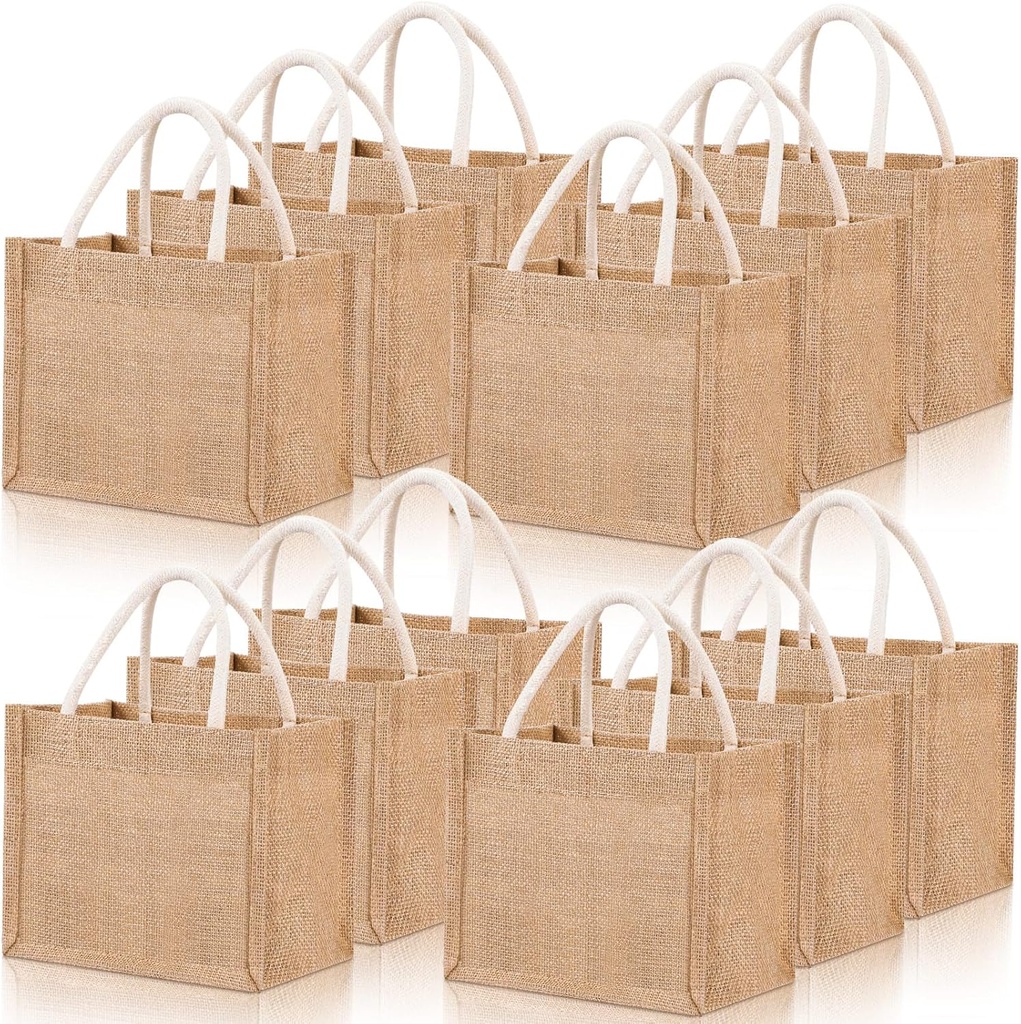 Cunno 12 Pcs Burlap Tote Bag Mini Jute Reusable Bag with Handles Small Blank Canvas Gift Waterproof for Wedding Beach DIY