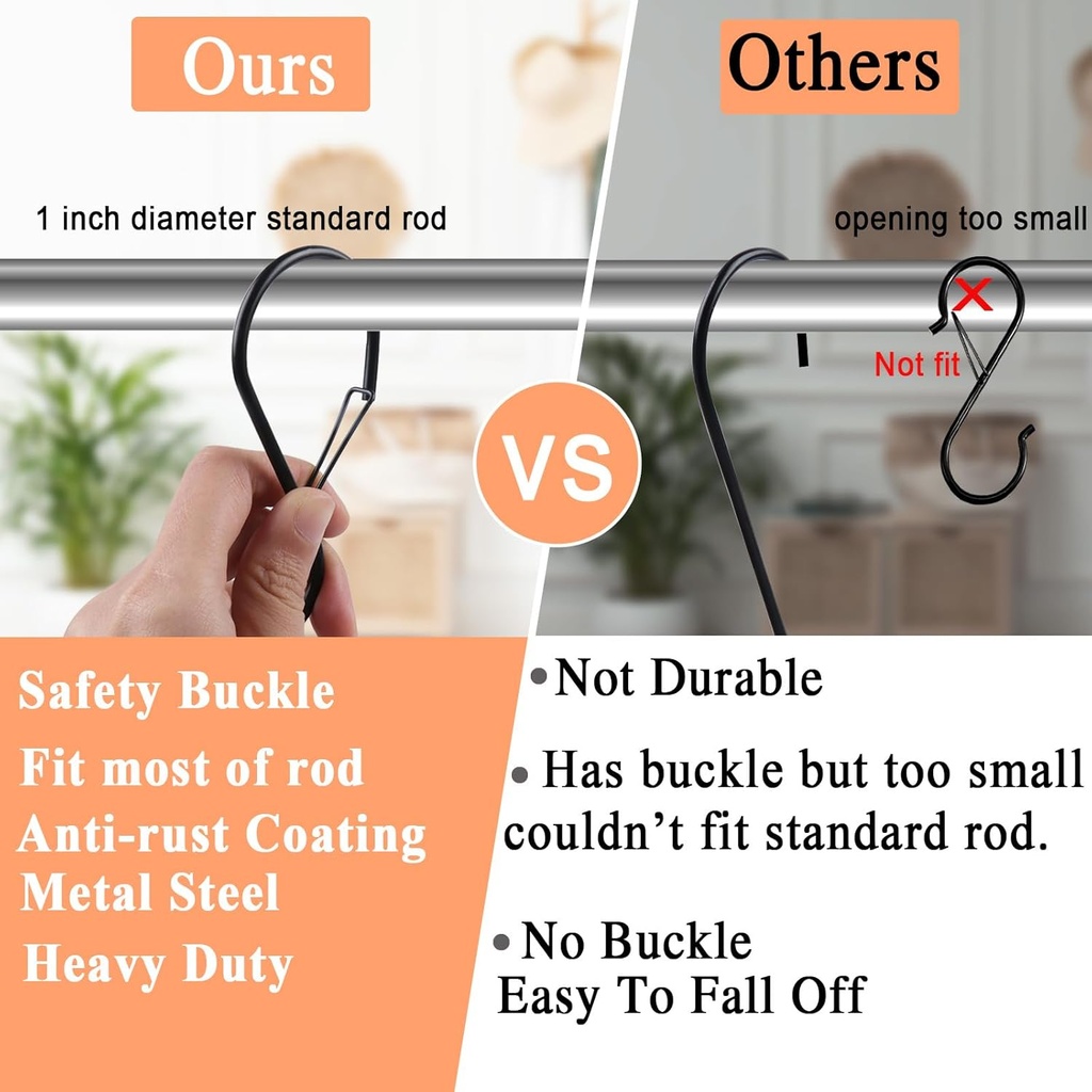Black S Hooks Hanging Safety Buckle with Large Opening Fit Most of Rod, Heavy Duty S Shaped Closet Hook Metal Rack Hooks for Hanging Jeans,Clothes,Purse,Plants,Kitchen Pots, Pans- 4 inch, (8 Pack)