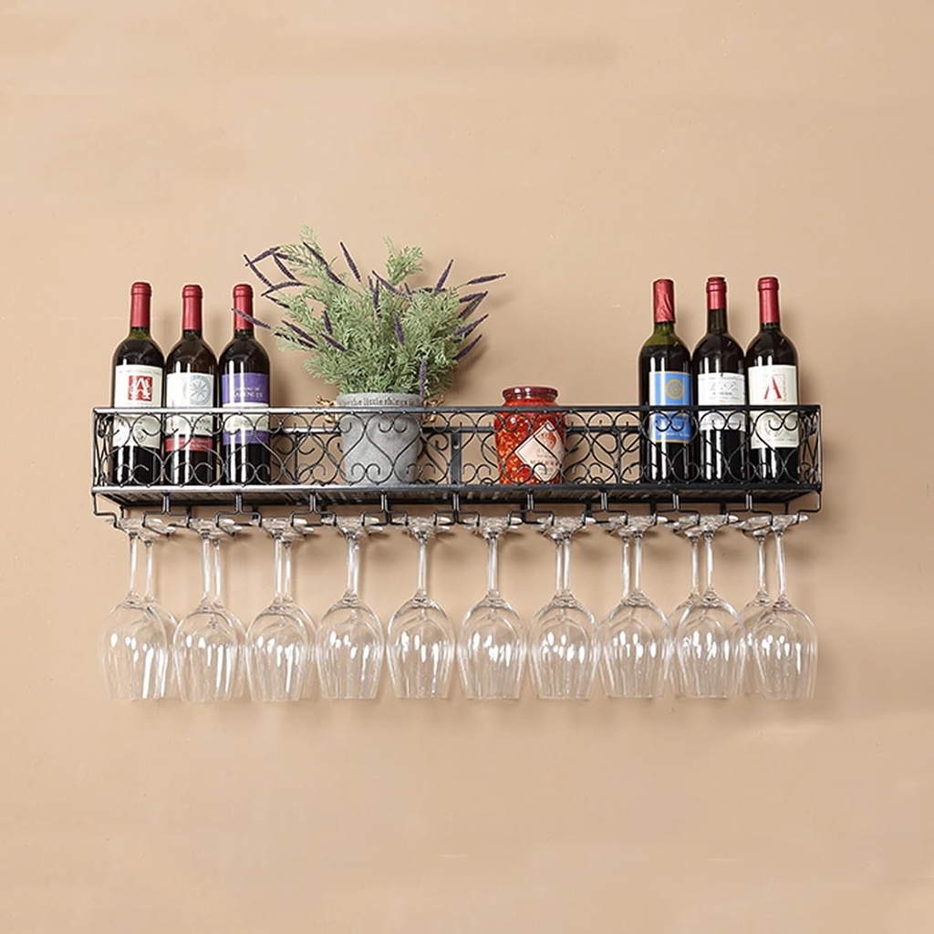 Wine Rack, Wine Rack Wall-Mounted Wine Bottles and Glass Holder, Floating Wine Shelf Stemware Holder Small Wine Rack for Bar Wine Cellar Kitchen Black Metal (Size : 140x25cm)
