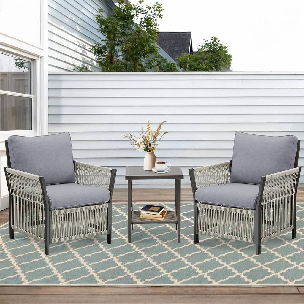 Patio Furniture Wicker Outdoor Conversation Set, 3-Piece All Weather Patio Furniture Rattan Rocking Sets with Removable Cushions & Side Table for Backyard, Balcony and Deck, Dark Grey