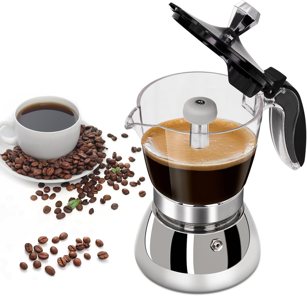 4 Cup Plastic Transparent Moka Pot Stainless Steel Uncoated Stovetop Espresso Maker Italian Coffee Makers Mocha Greca Machine Cafe Classic Induction Cookers for Home Camping 200ml