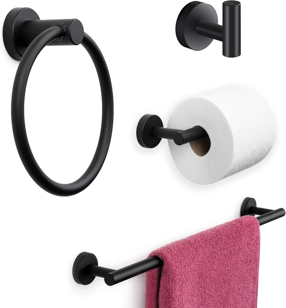 Marmolux Acc - 4 Piece Matte Black Bathroom Hardware Set - Towel Rack Set, Towel Holder & Wall Mounted Fixtures - Stainless Steel Matte Black Accessories