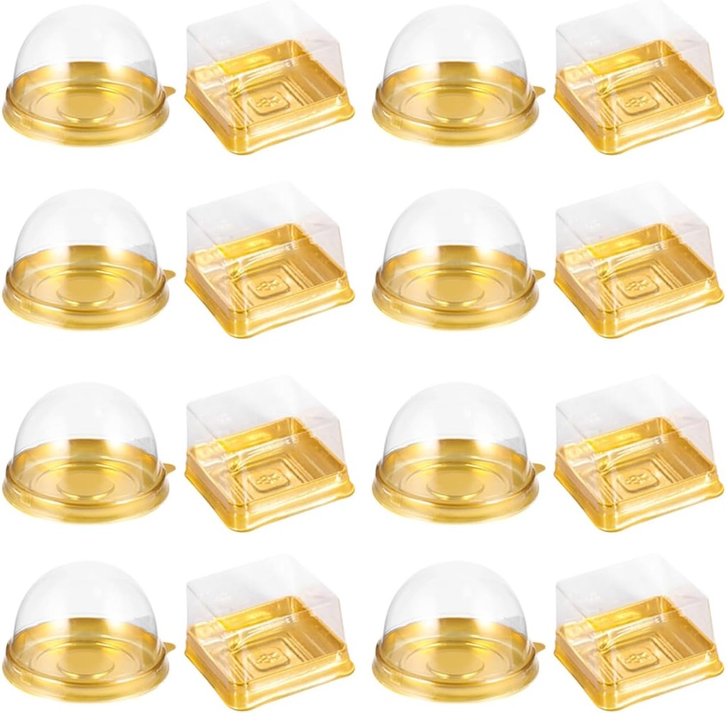 DOITOOL Clear Plastic Mini Cake Box 100 Pack Square Mini Cupcake Containers Mooncake Boxes Muffin Pod Dome Muffin Single Container for Wedding Birthday Supplies (Golden)