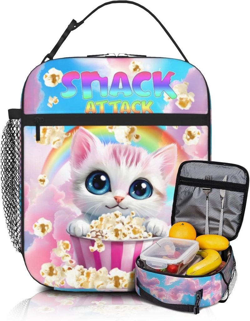 Cat Insulated Lunch Bag for Girls Ages 6-8, Large Capacity Thermal School Lunch Box with Detachable Handle, Perfect for Kindergarten & Elementary