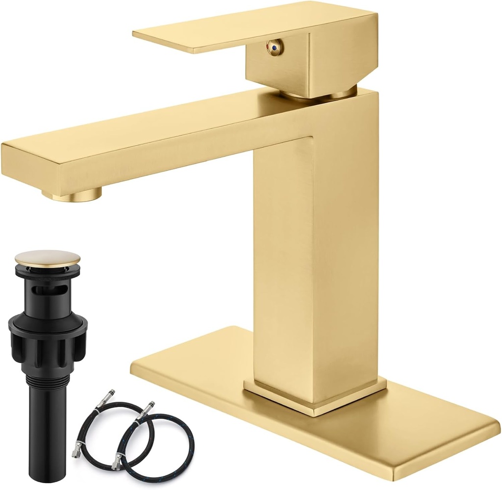 gotonovo Bathroom Faucet for Sink 1 or 3 Hole Deck Mount 304 Stainless Steel Modern Bathroom Sink Faucet Single Handle Basin Mixer Tap with Supply Hoses and Pop Up Drain, Brushed Gold