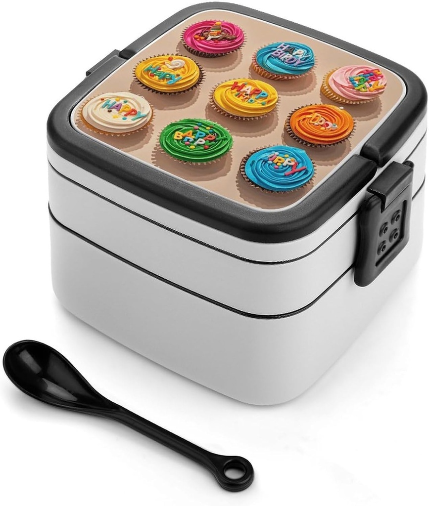 Colorful Happy Birthday Cupcakes Bento Box with Spoon, 2-layer Stackable Lunch Box Leak Proof with Invisible Handle, Insulated Food Storage for Office, Picnic & Travel