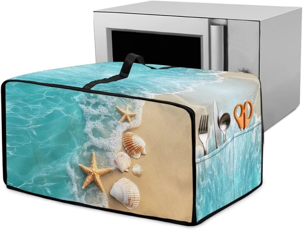Toaster Oven Dust Cover Protective Microwave Oven Cover with Pockets, Modern Design Small Appliance Decor for Kitchen Countertop, M, Starfish Sea Shell Beach